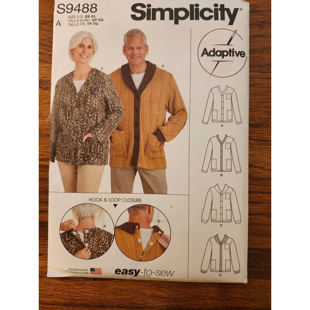 Simplicity S9488 Unisex Adaptive Cardigan Sewing Pattern XS-XL Easy2Sew HookLoop